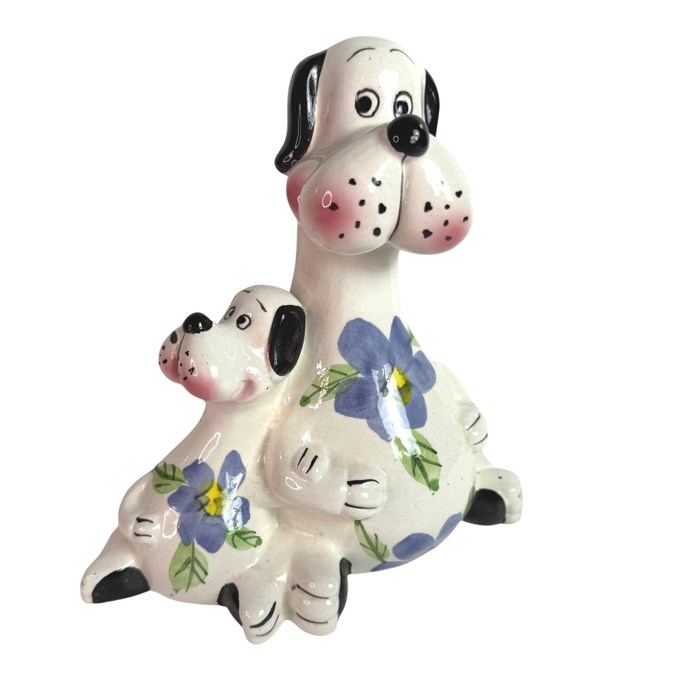 Vintage Style Flower Dog Ceramic Piggy Bank Glazed Floral Hand Painted Kitschy